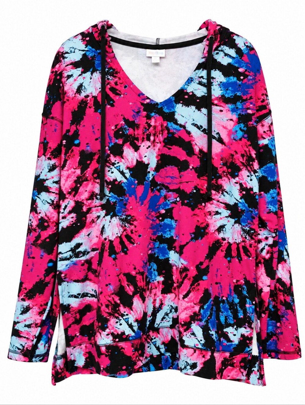 LuLaRoe Lightweight Pink Blue Black Tie Dye Eliza V-neck Pullover Hoodie Large